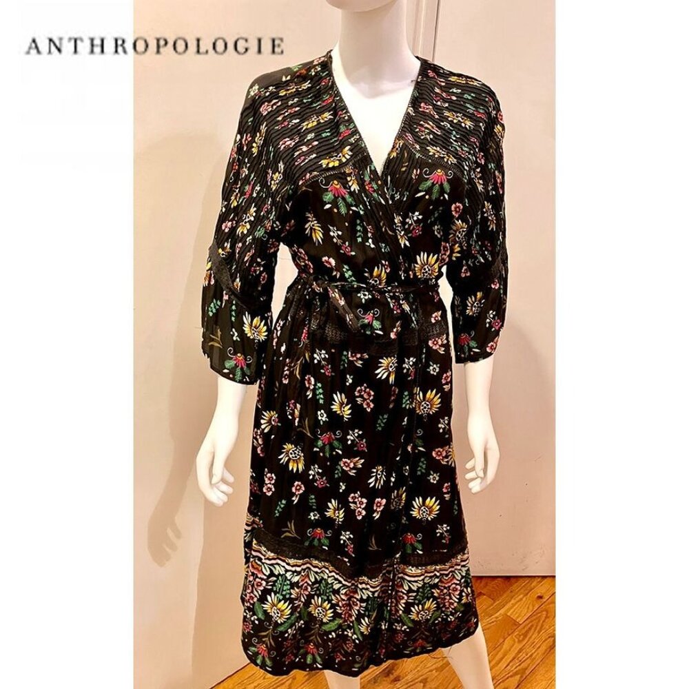 Anthropologie boho Black/multicolor Floral wrap Midi Dress/Robe, tie belt, S